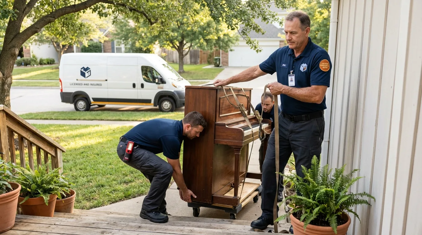Licensed piano movers securing grand piano in Fraser, MI